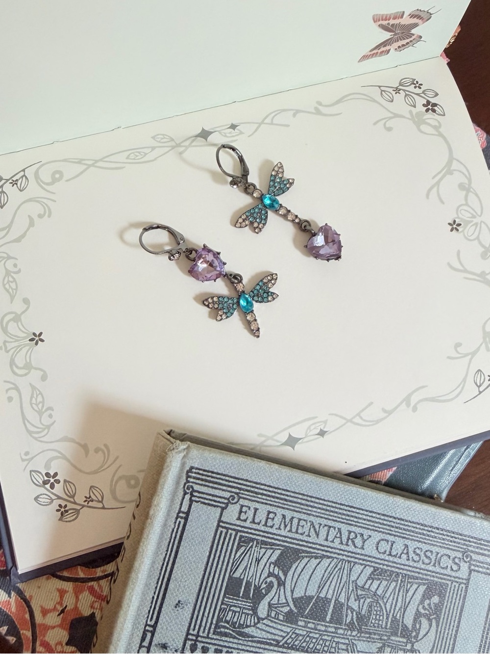 Betsey Johnson Purple Heart & Teal Dragonfly Drop Earrings - Picture 3 of 4